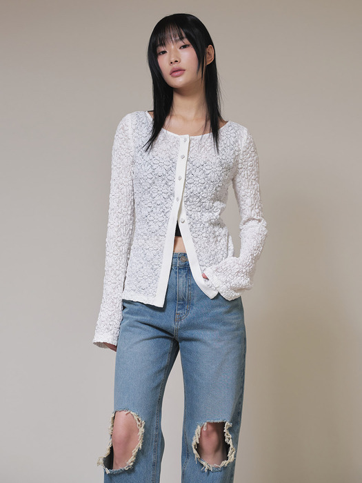 Lace Button Cardigan in White VW4SB095-01