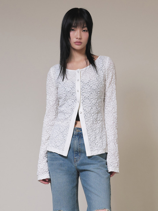 Lace Button Cardigan in White VW4SB095-01
