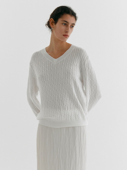 LOOSE FIT COTTON CABLE V-NECK KNIT_WHITE