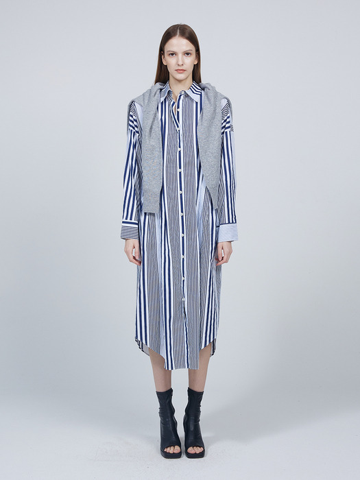 [ESSENTIAL] Side pleated stripe shirt dress