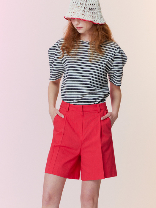 Linen one-tuck Bermuda pants_Red