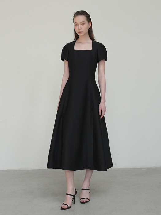 Puff Sleeve Mikado silk midi dress Black