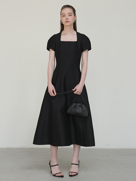 Puff Sleeve Mikado silk midi dress Black