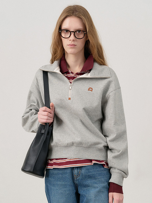 UNISEX LEATHER LOGO HALF ZIP-UP SWEATSHIRT MELANGE GREY_UDTS4C107G2