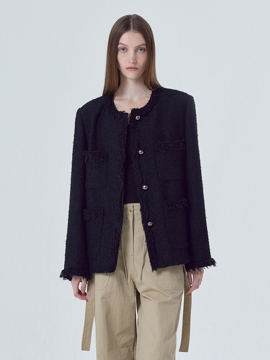 Fringe Pocket Tweed Jacket, Black