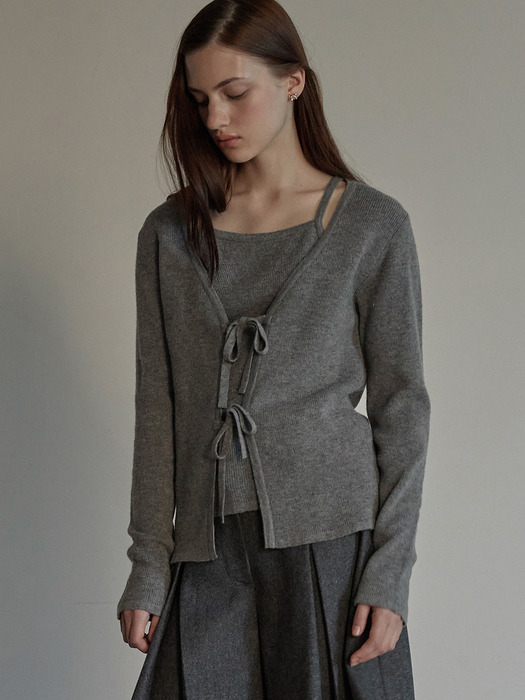 Ribbon layered cardigan - Melange gray