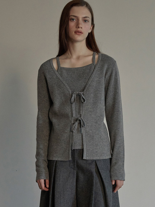 Ribbon layered cardigan - Melange gray