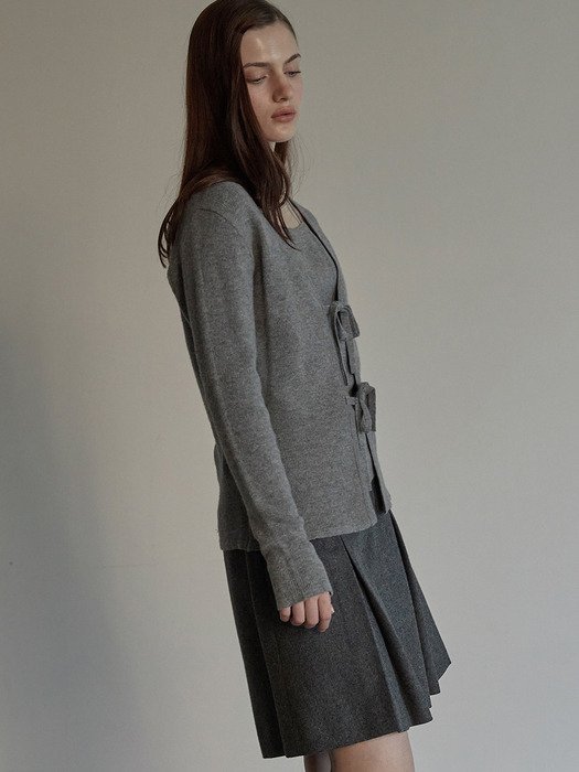 Ribbon layered cardigan - Melange gray