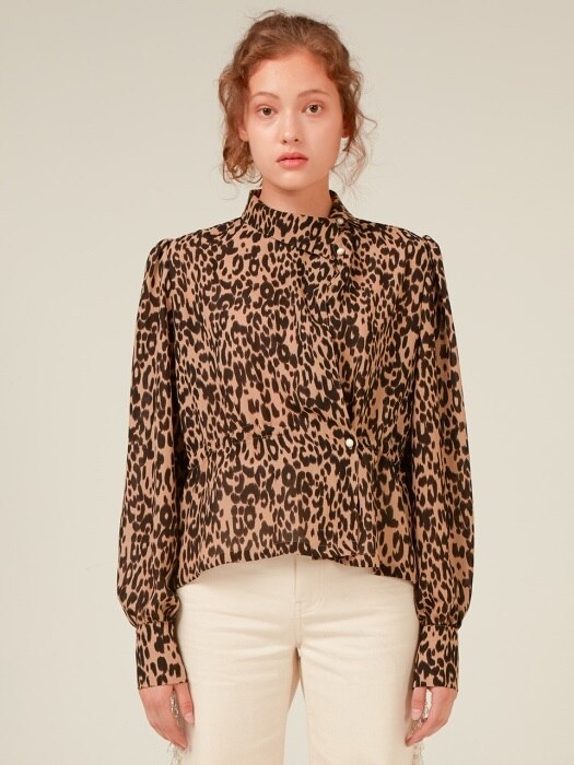 LEOPARD UNBALANCED COLLAR BLOUSE