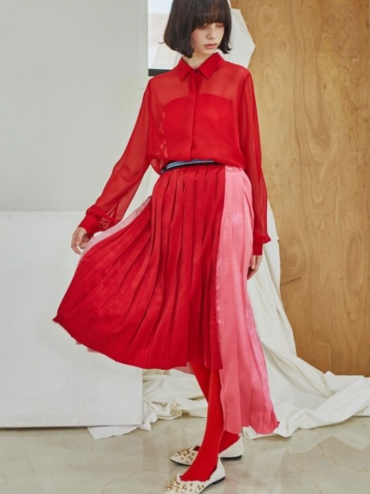 Color Play Pleats Skirt_Red