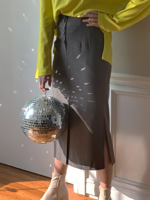 Herringbone Button Slit Midi Skirt Charcoal