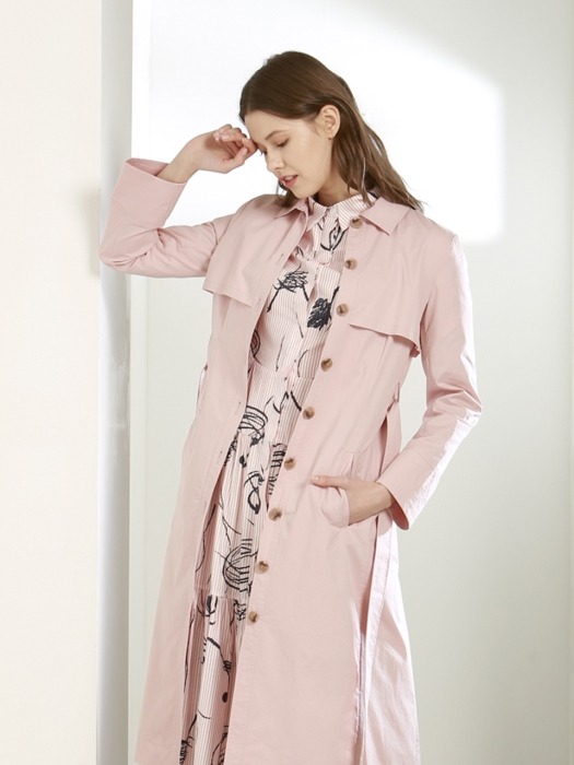 Simple Trench Coat Long Dress - Pink
