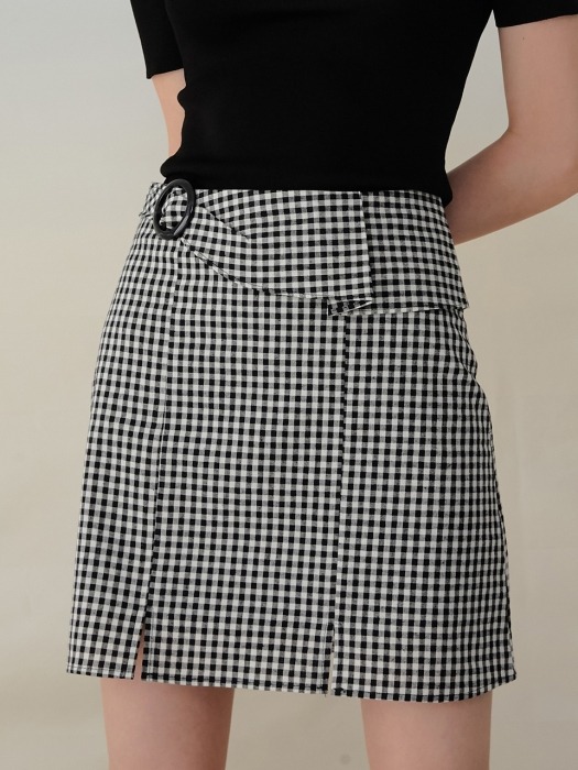monts951 waist flare check skirt (black)