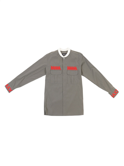 Military Bomber Neck Shirt with Chest Embroidered Blue Khaki