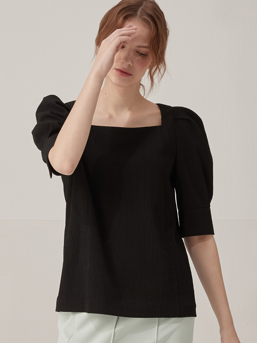 Square neck puff blouse - Black