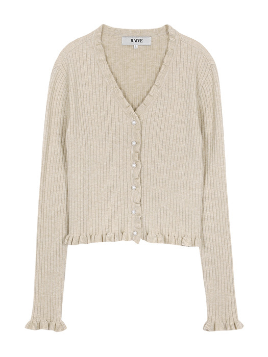 Frill V Neck Knit Cardigan in Oatmeal_VK0WD2700