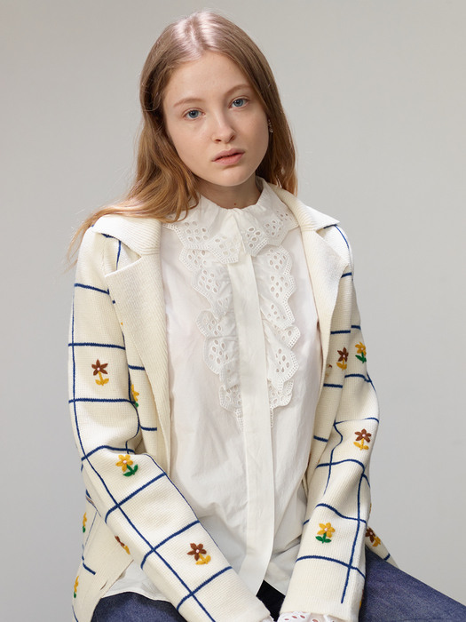 [N][SET]PEONY Floral cardigan (Ivory) & APGUJEONG Ruffled eyelet collar blouse (Off white)