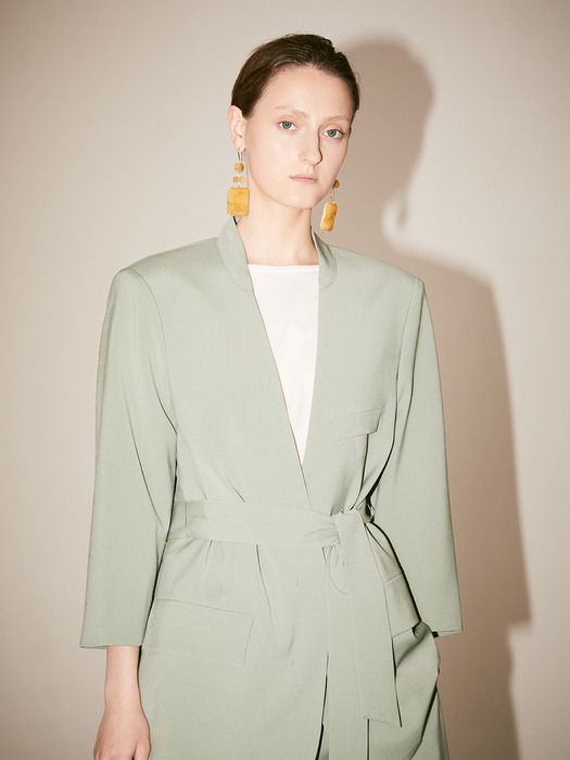 LE MUSEE_VENICE Collarless Belted Fine Wool Blaser_Green