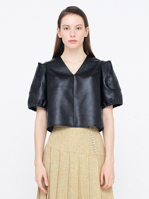 V-neck Leather Top_Black