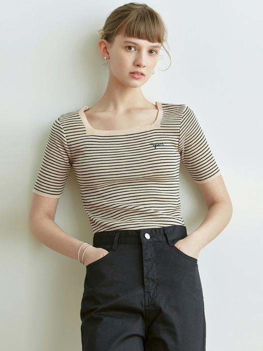 HALF SLEEVE STRIPE KNIT_NAVY