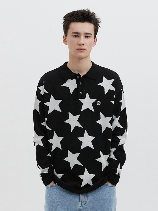 KNITTED STAR POLO SHIRT (BLACK)