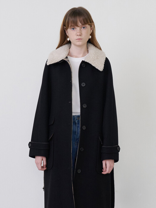 21 Fall_Black Belted Wool Coat [Ecru Shearling Collar] 