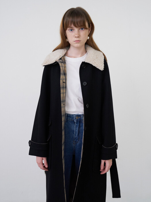 21 Fall_Black Belted Wool Coat [Ecru Shearling Collar] 