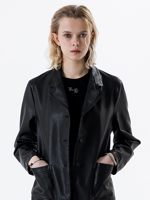 VINTAGE WASHED LEATHER BLAZER [BLACK]