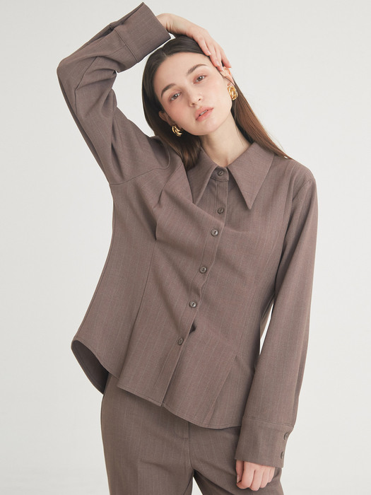 Wool Stripe Pintuck Shirt (Brown)
