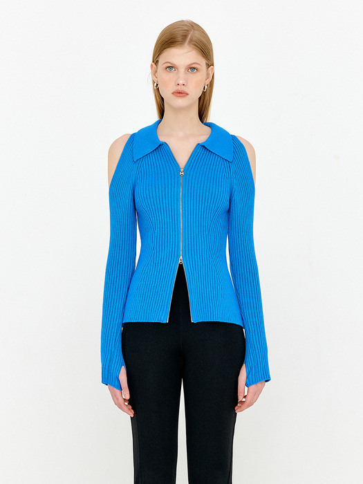 SHOULDER CUT OUT TWO WAY ZIP-UP KNIT TOP - VIVID BLUE