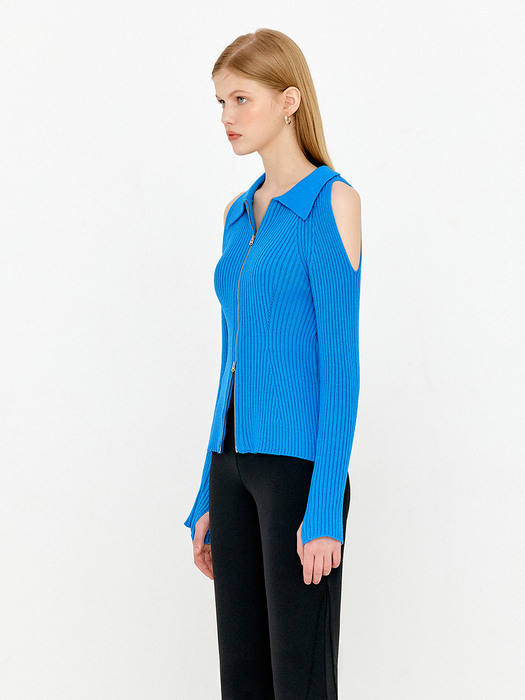 SHOULDER CUT OUT TWO WAY ZIP-UP KNIT TOP - VIVID BLUE