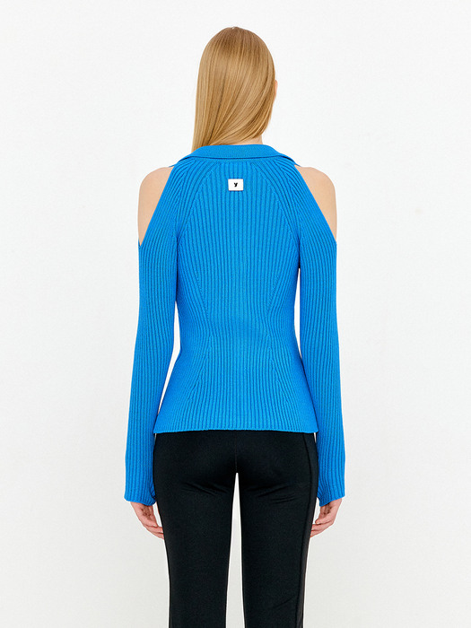 SHOULDER CUT OUT TWO WAY ZIP-UP KNIT TOP - VIVID BLUE