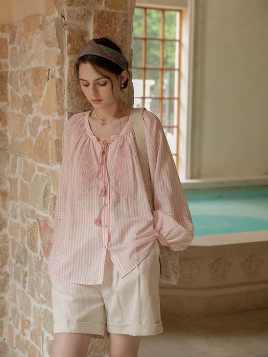 MONIQUE laced shirring shirt_pink
