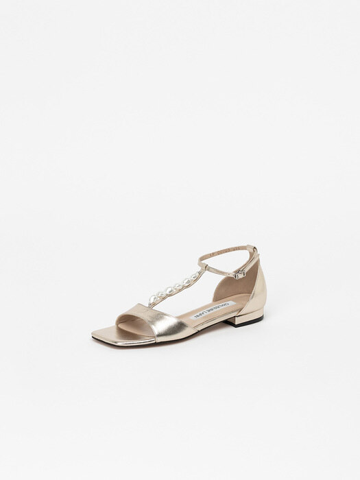 Suzette Pearl Strap Flat Sandals in Champagne Gold