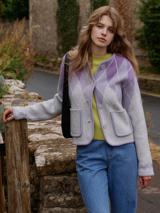 [N]HAPPINESS Argyle wool knit cardigan (Light purple)