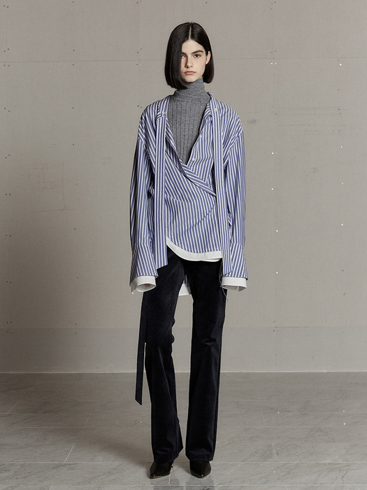 REHA Double Layered Drape Bow Shirts_Blue Stirpe