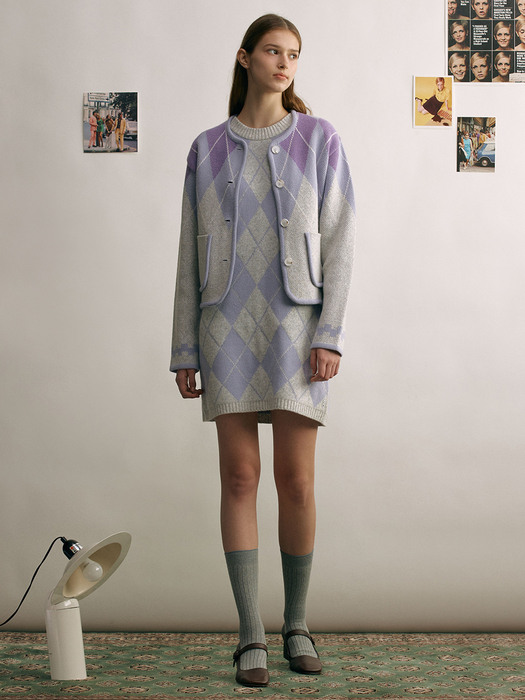 [N][SET]HAPPINESS Argyle wool knit cardigan + PICCADILLY Argyle wool knit one piece (Light purple)