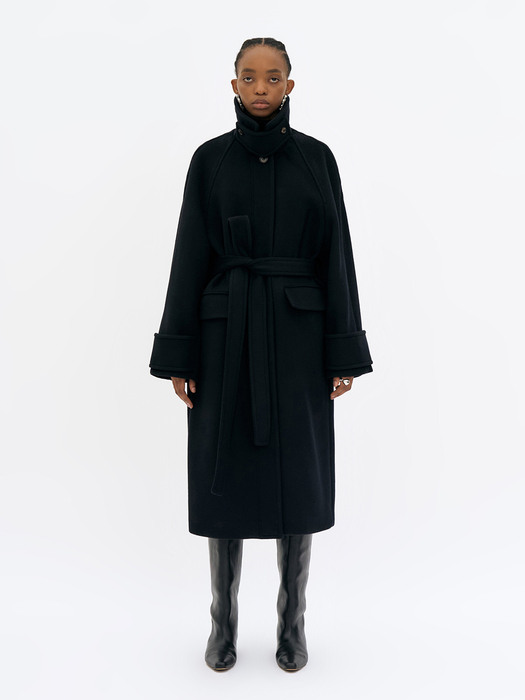 OVERSIZED CASHMERE-WOOL BLEND MAXI COAT WITH FUNNEL-NECK - BLACK