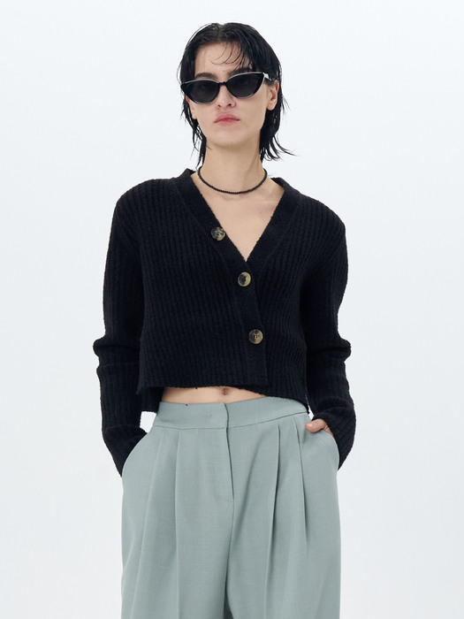 RIBBED-KNIT CROPPED CARDIGAN(BLACK)