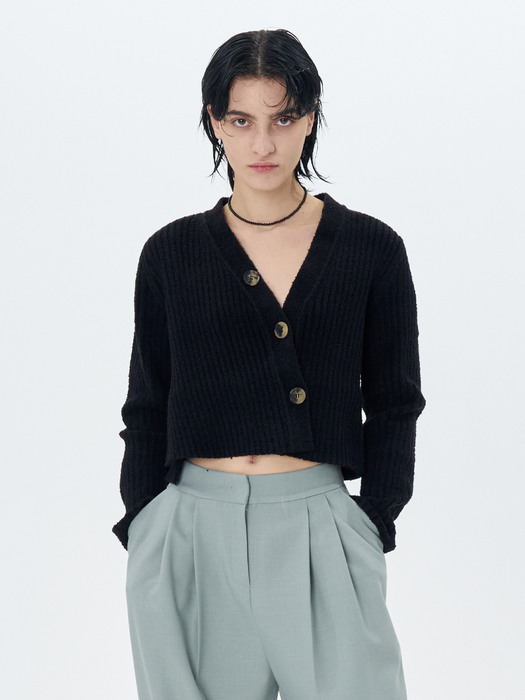 RIBBED-KNIT CROPPED CARDIGAN(BLACK)