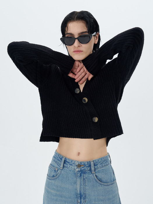 RIBBED-KNIT CROPPED CARDIGAN(BLACK)