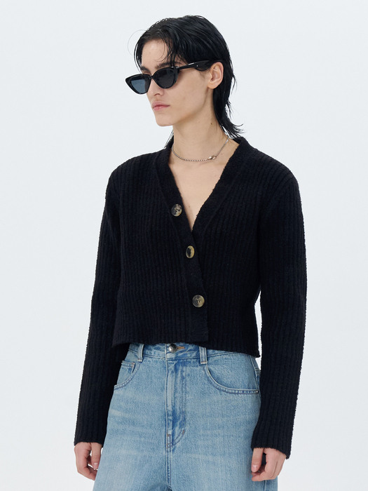 RIBBED-KNIT CROPPED CARDIGAN(BLACK)