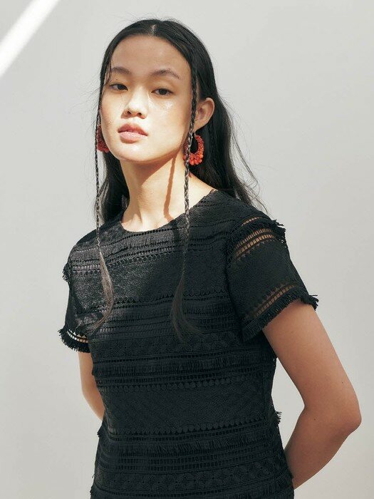 Fringe Lace Mini Dress, Black