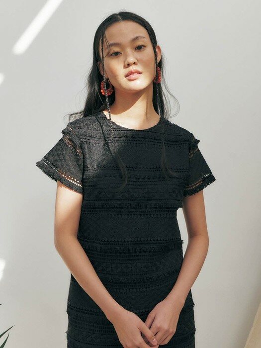 Fringe Lace Mini Dress, Black
