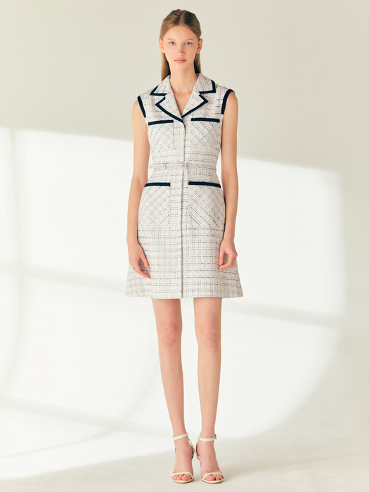 KAYLA Contrast-trim sleeveless semi A-line tweed mini dress (Ivory)