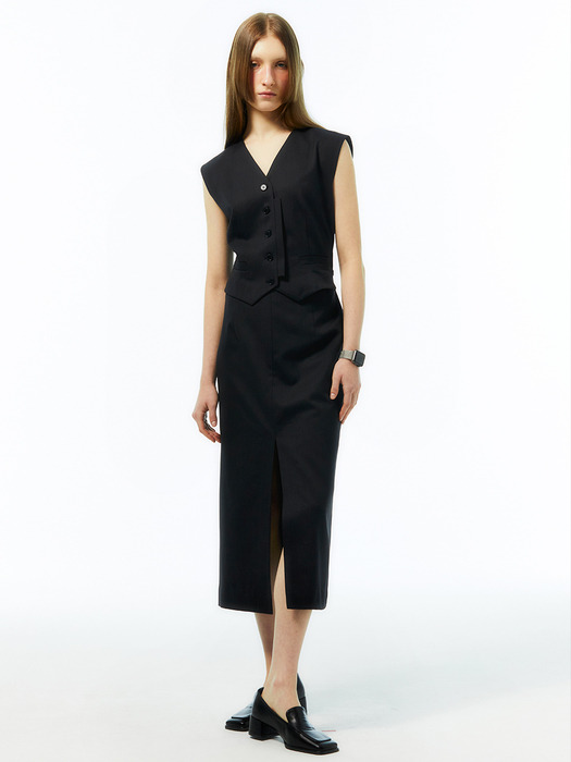 Sleeveless Summer Wool Vest Long Dress_BLACK