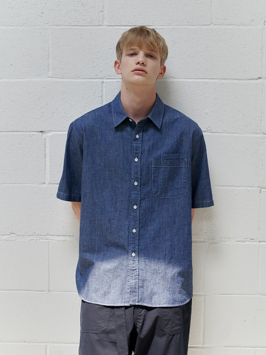 Linen denim double pocket 1/2 shirt (indigo)