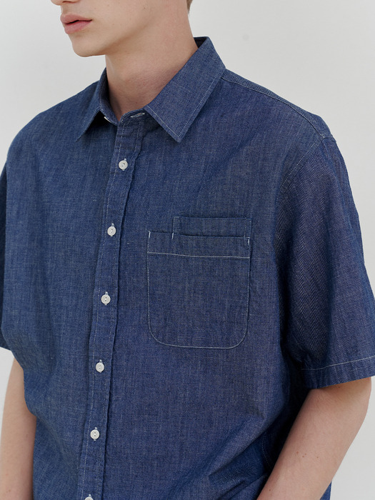 Linen denim double pocket 1/2 shirt (indigo)