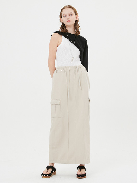 Pin Tuck Cargo Long Skirt / Ecru