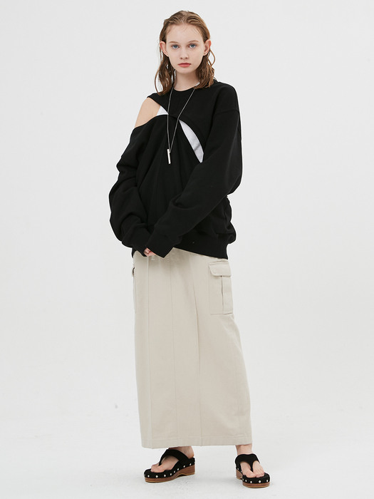 Pin Tuck Cargo Long Skirt / Ecru